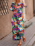 Lightweight Texture Set: Short Sleeve T-Shirt + Long Pants, Colorful Leaf Print Vacation Style Fashion Outfit
