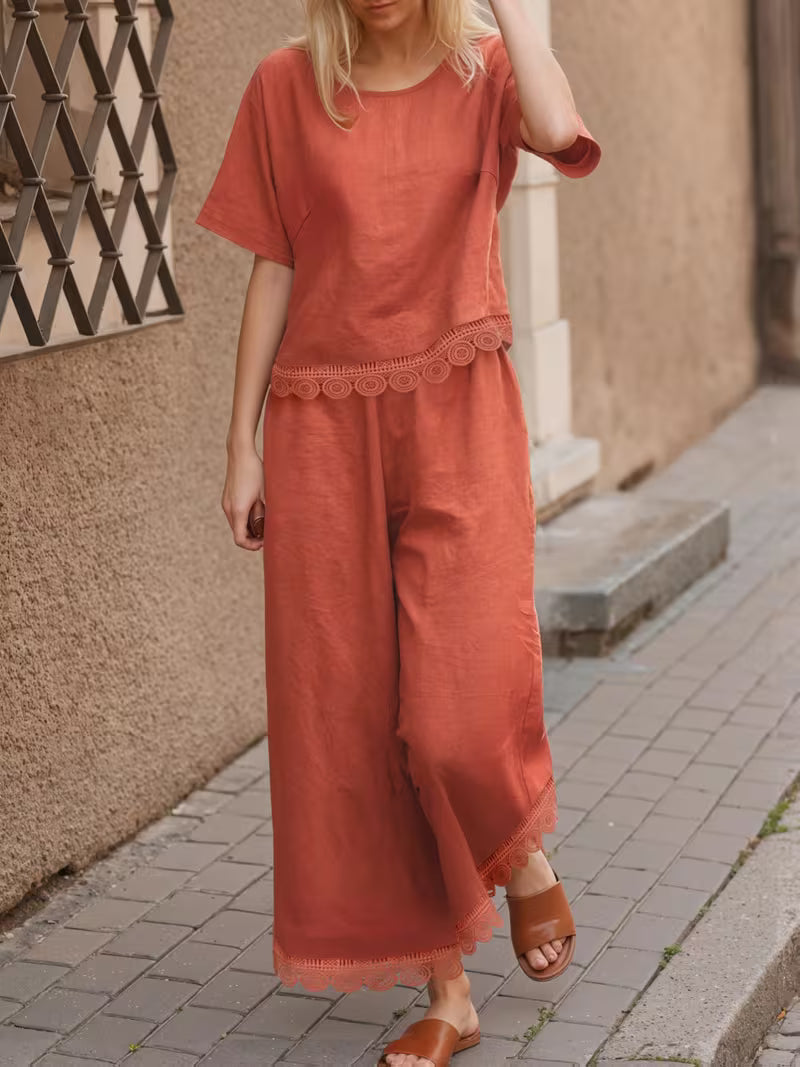 Summer Outfit with Lace Patchwork Top And Pants, Casual And Comfortable