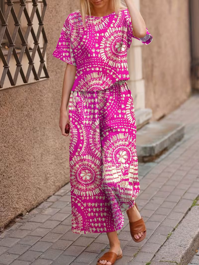 Short Sleeve T-Shirt + Long Pants, All-Over Print Vacation Style Fashion Outfit