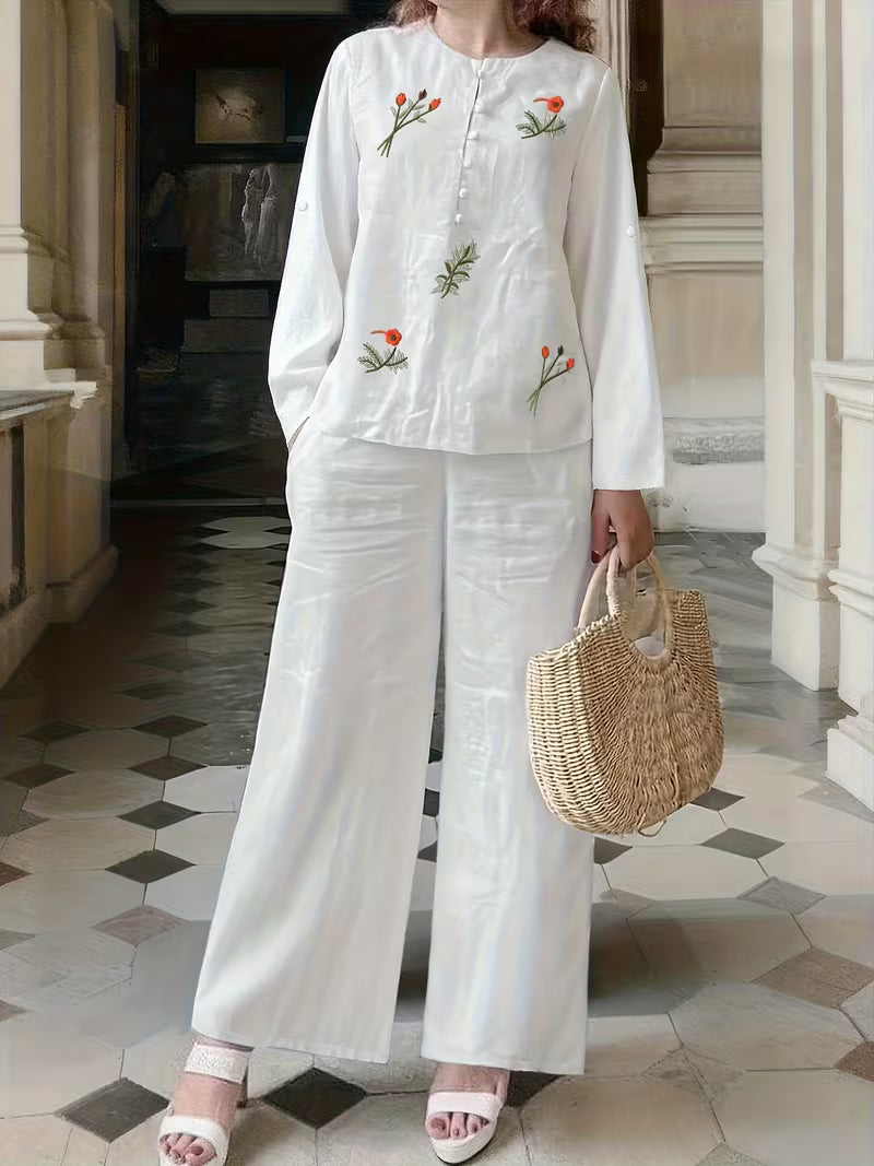 New Women's Daily Casual Solid Embroidered Top Wide-Leg Pants Set White