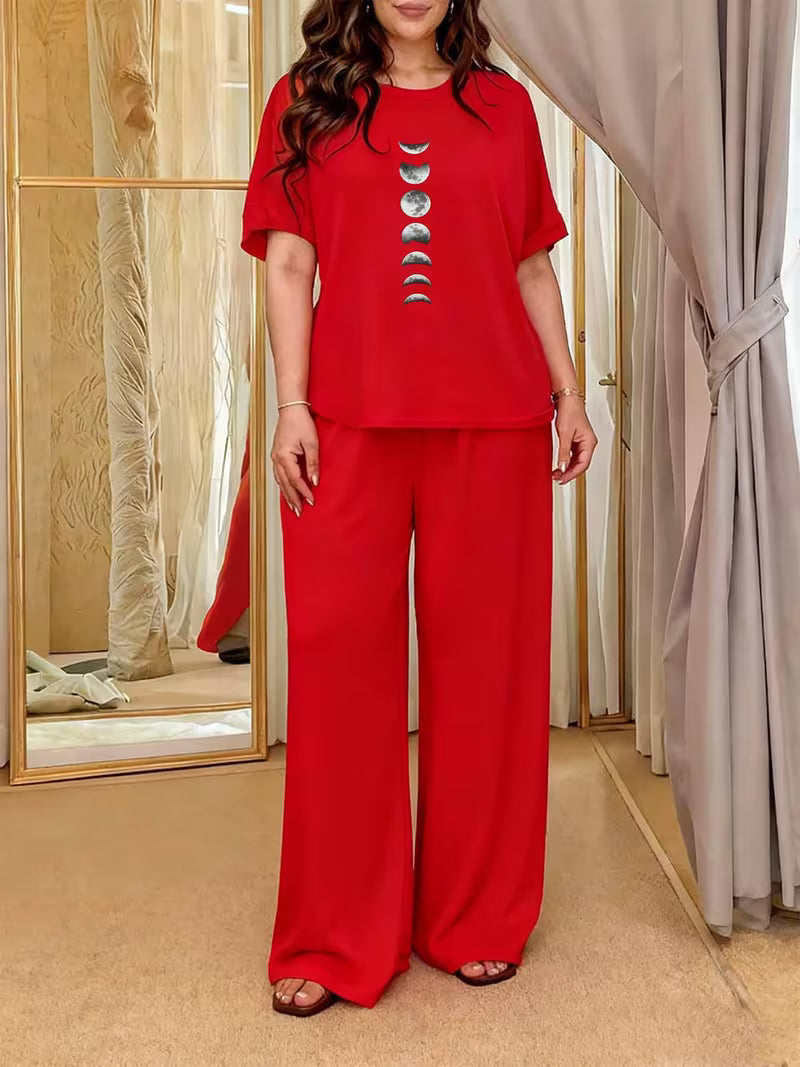 Trendy Lunar Phase Short Sleeve & Long Pants Set Fashionable Eye-catching Minimalist Bohemian Casual Two-piece Red