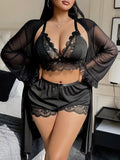 Sexy Lace Camisole Nightgown with Lace Trim, Floral Lace Long-Sleeve Mesh 3pcs Set with Suspender Shorts Black