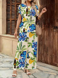 Summer Fashion Pants Set Casual Short Sleeve T-Shirt with Floral Tropical Print And Matching Printed Wide Leg Pants 2pcs Outfit