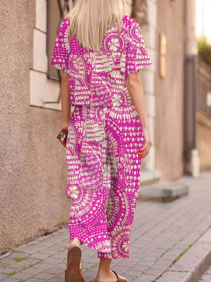 Short Sleeve T-Shirt + Long Pants, All-Over Print Vacation Style Fashion Outfit