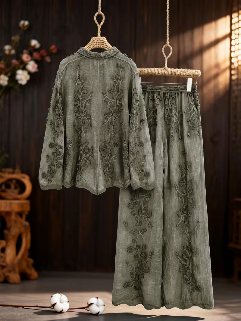 Vintage Artistic Style 2pcs Set with Botanical Embroidery, Featuring a Gentle Lapel Open-Front Long-Sleeve Top and Flared Pants with a Draped