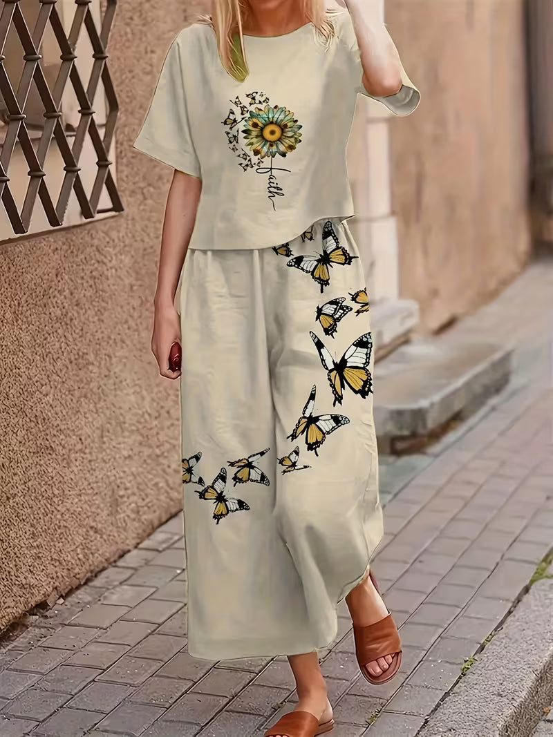 Floral Print Short-Sleeved Trousers Casual Comfortable Women's Suit