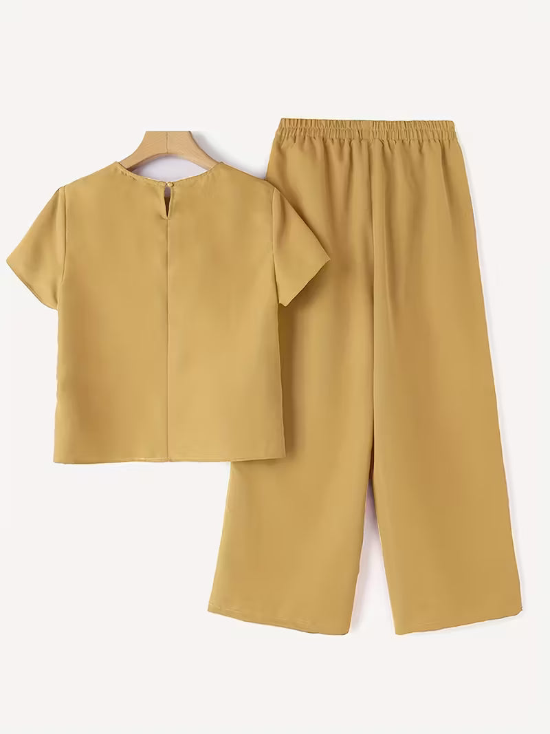 Women 2pcs Casual Floral Embroidered Short Sleeve Yellow