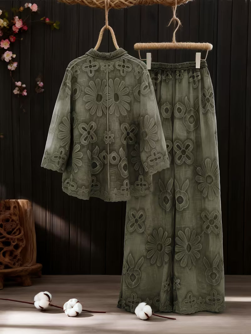 New Arrival Shirt and Pants 2pcs Set, Heavy Embroidered Floral Detailing, Distressed Washed Finish