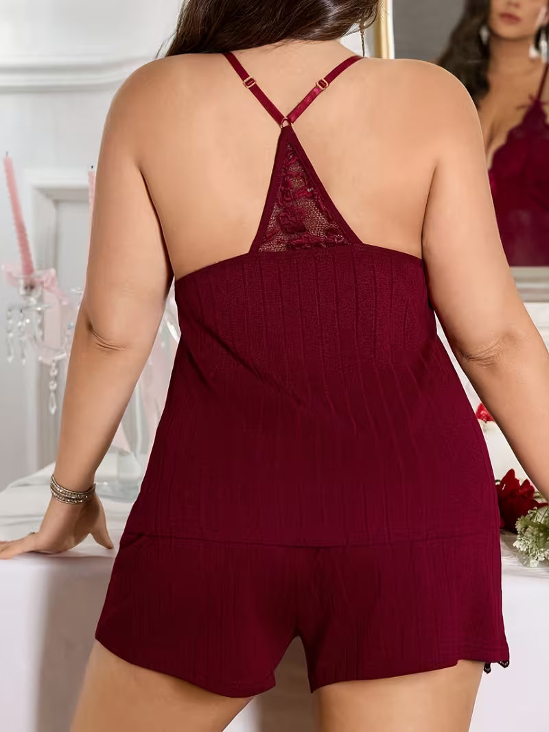 Women's Brick Red Lace Camisole Pajama Set with Bow Decoration Sexy Shorts 2pcs Set