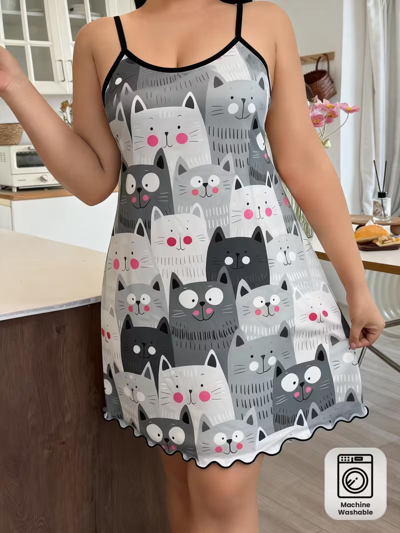 Cute Cartoon Kitten Print, Thin Strap Camisole Nightgown
