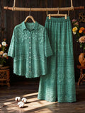 Arrival Short-Sleeve Shirt and Long Pants 2pcs Set. Elegant Lapel Collar Short-sleeve Shirt with Single-breasted Button Design and Open Front