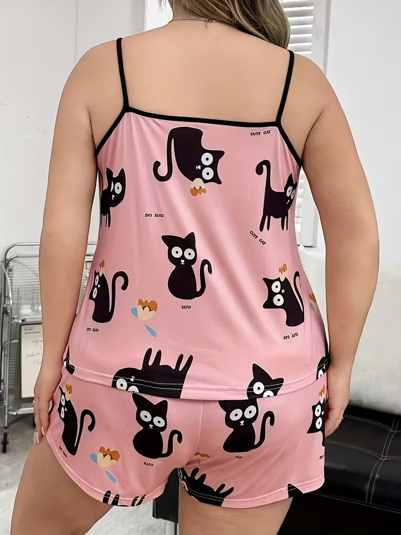 Cartoon Cat Print Camisole Sleepwear Set, Spring/Summer Pink