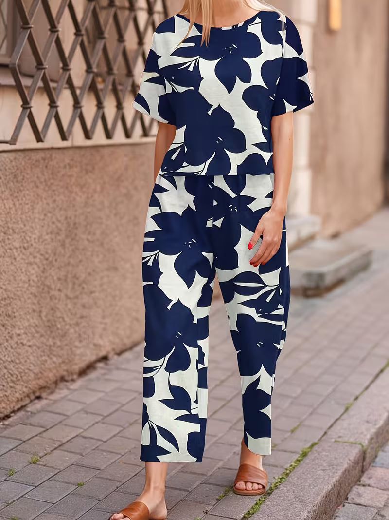 Short-Sleeved Top And Long Pants with Leaf Print for Daily Commute