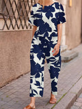 Short-Sleeved Top And Long Pants with Leaf Print for Daily Commute