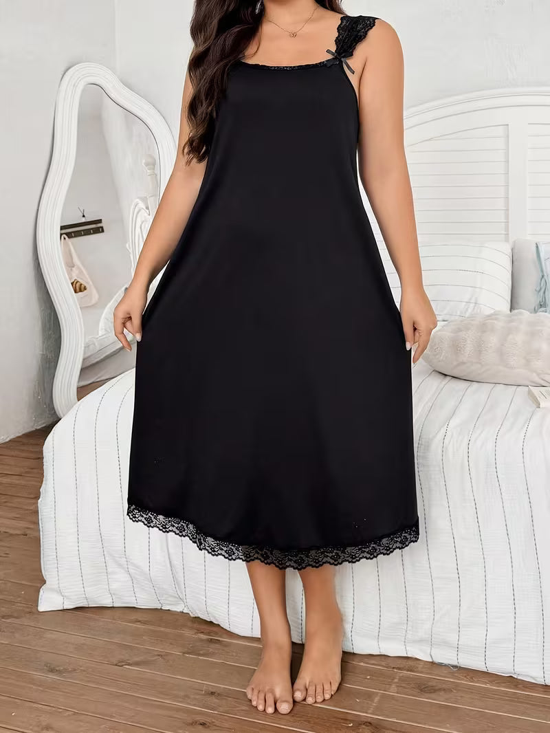 Women's Black Lace Trim Nightgown, Spaghetti Strap Bow Decor Midi Sleep Dress