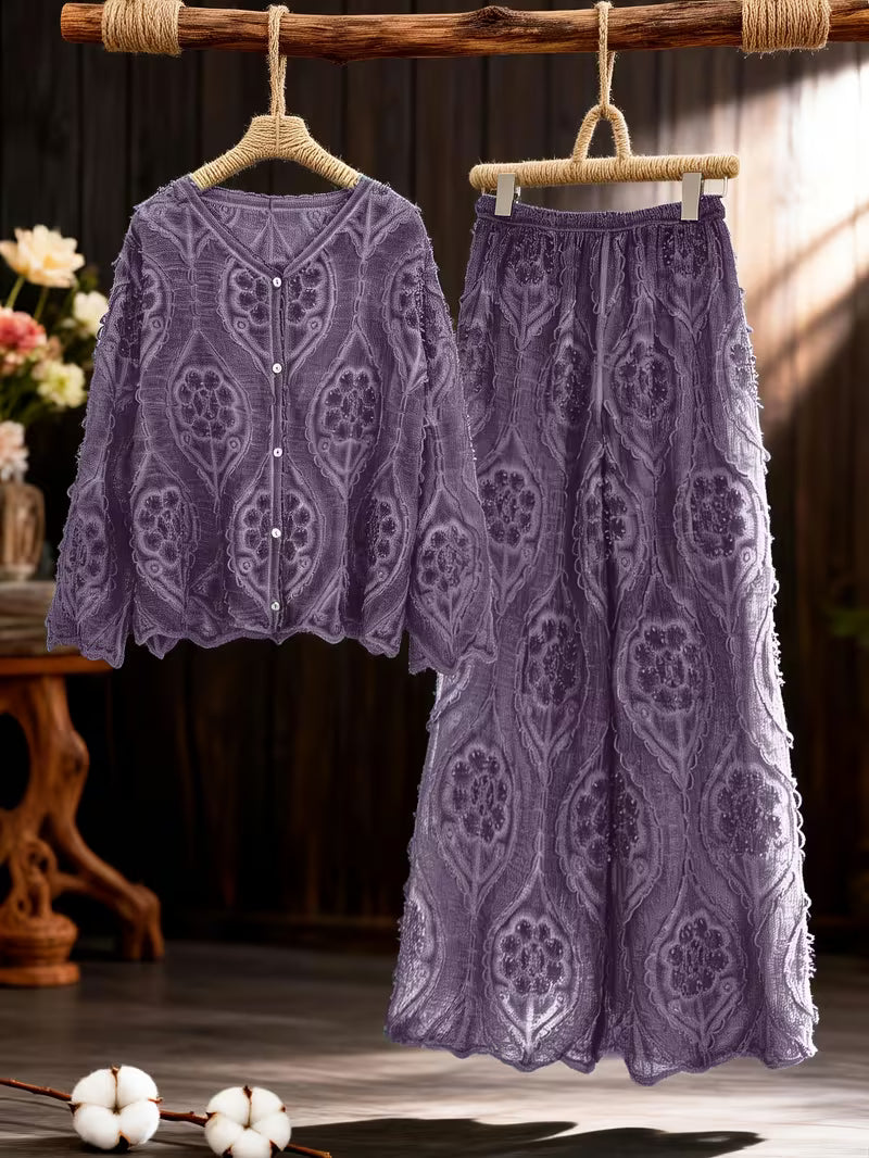 Two-Piece Set Featuring a Vintage Gentle Style with a Delicate Single-Breasted V-Neck Long-Sleeve Cardigan Shirt And Matching Elastic Waist Draped Pants