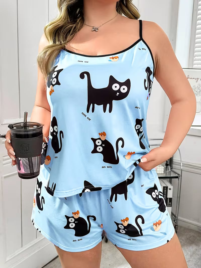 Cartoon Cat Print Camisole Sleepwear Set, Spring/Summer Blue
