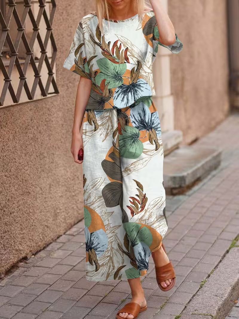 Short-Sleeved Top And Long Pants with Leaf Print for Daily Commute green