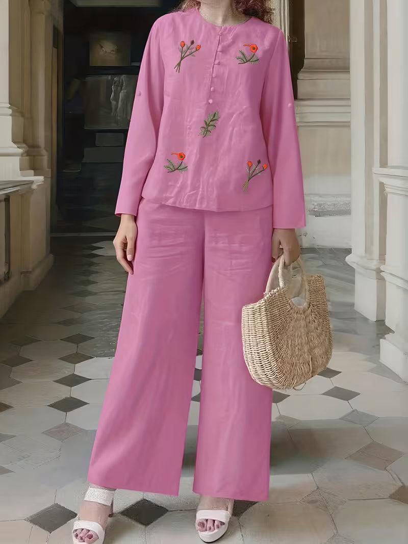 New Women's Daily Casual Solid Embroidered Top Wide-Leg Pants Set Pink