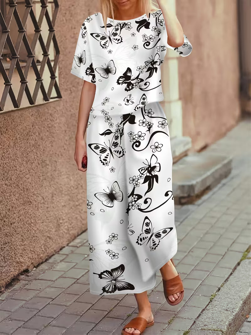 Women's fashionable and youthful black-and-white butterfly print splicing pattern