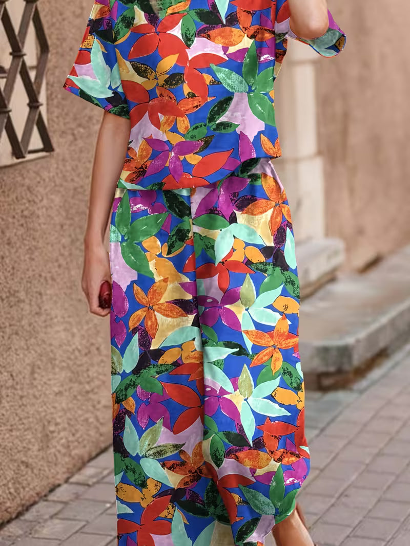 Short Sleeve T-Shirt + Long Pants, Colorful Leaf Print Vacation Style Fashion Outfit