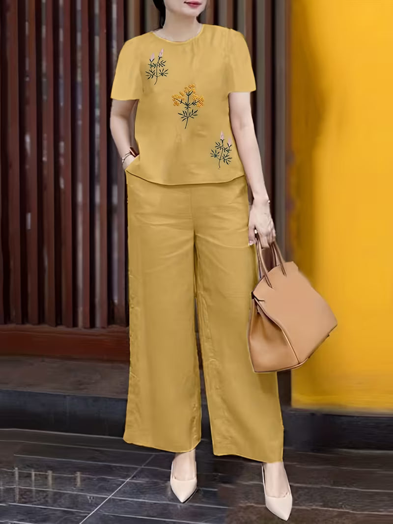 Women 2pcs Casual Floral Embroidered Short Sleeve Yellow