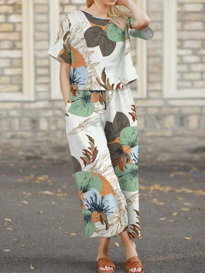 Short-Sleeved Top And Long Pants with Leaf Print for Daily Commute green
