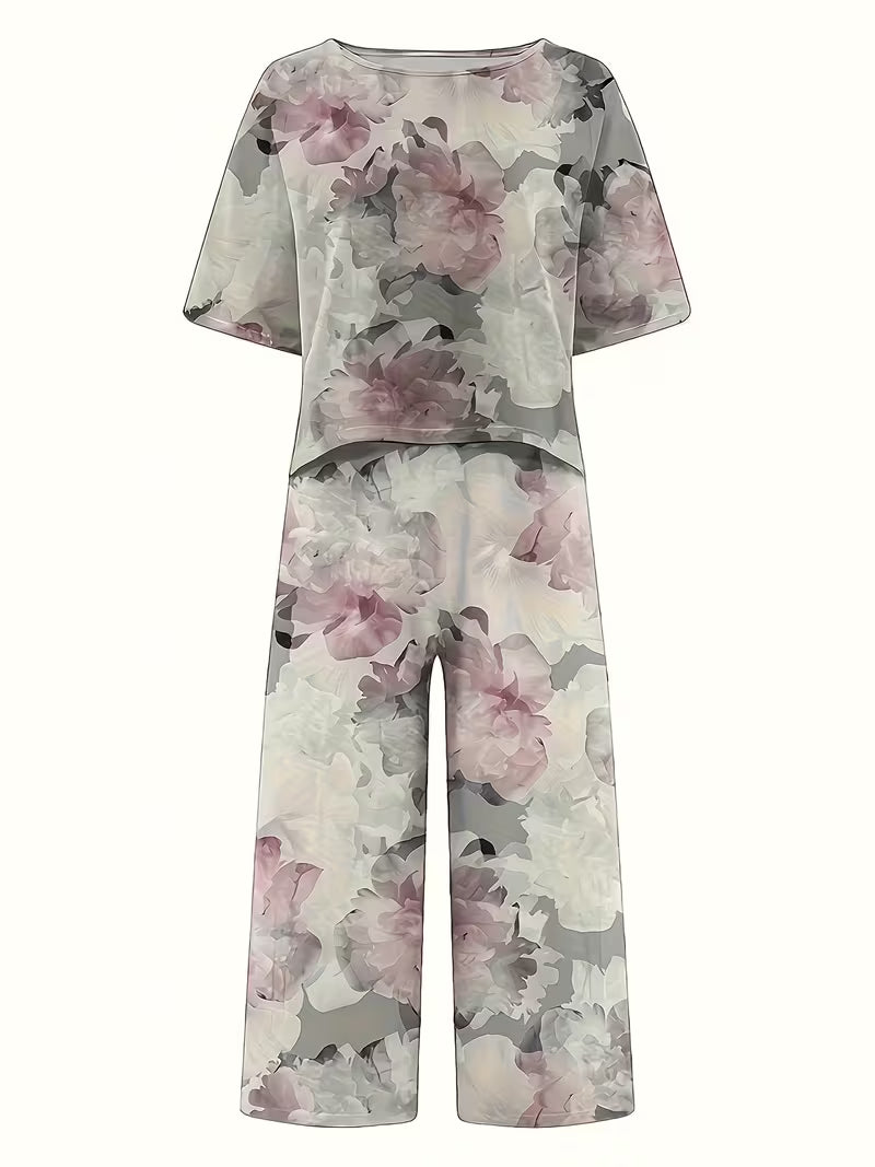 Short Sleeve Long Pants Print Comfortable Casual Women's Two-Piece Set