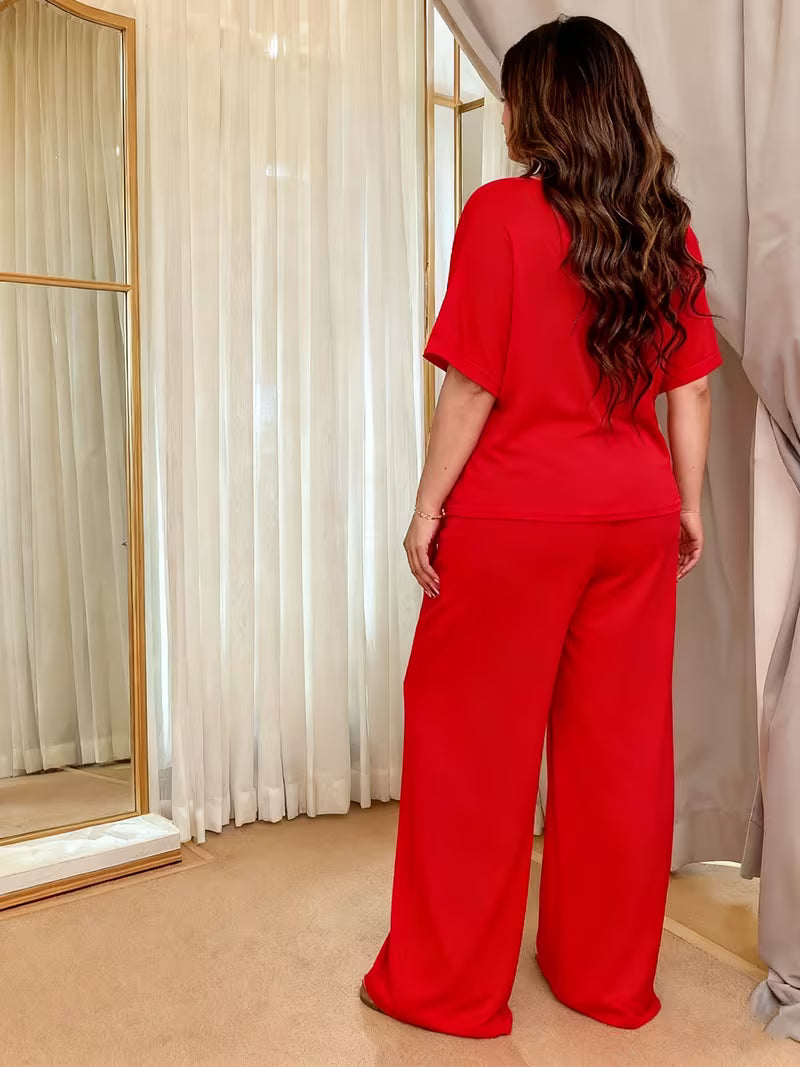 Trendy Lunar Phase Short Sleeve & Long Pants Set Fashionable Eye-catching Minimalist Bohemian Casual Two-piece Red