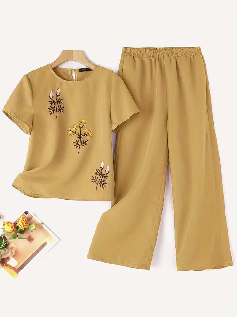 Women 2pcs Casual Floral Embroidered Short Sleeve Yellow