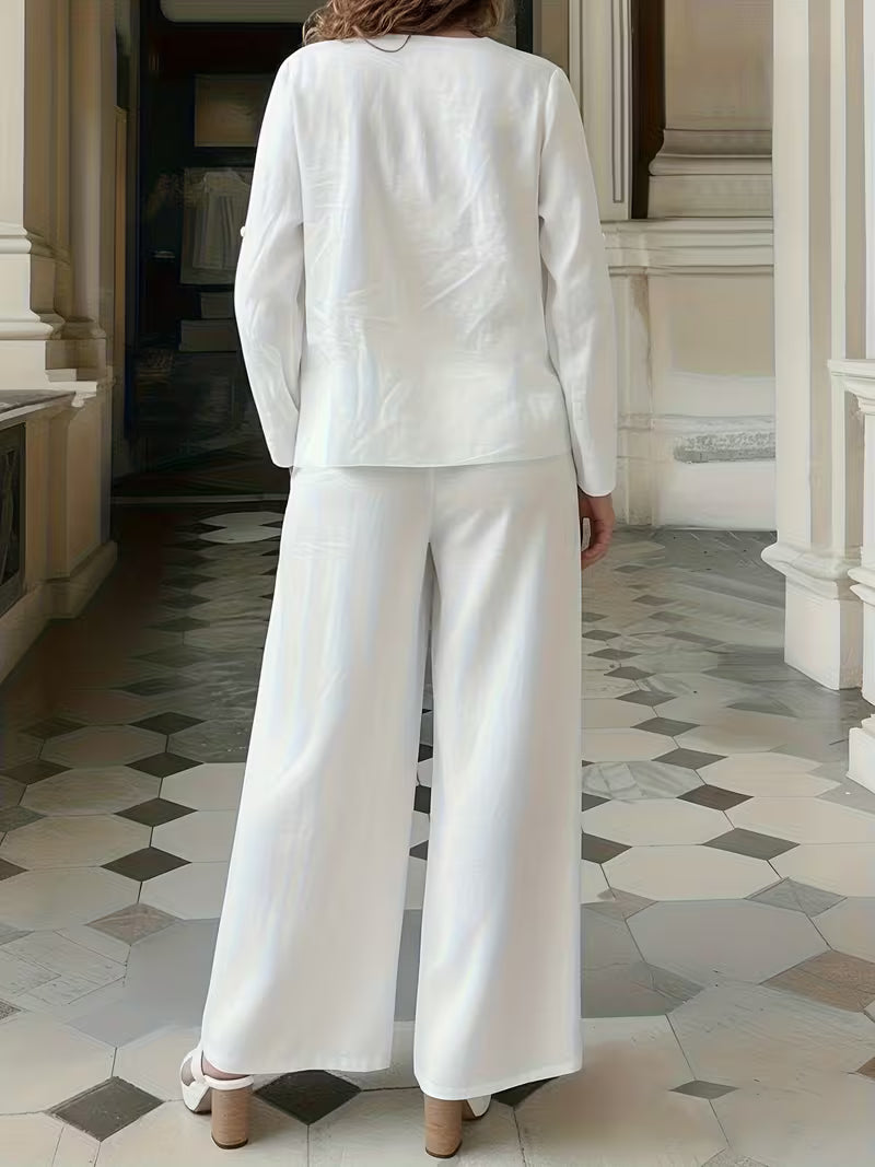 New Women's Daily Casual Solid Embroidered Top Wide-Leg Pants Set White