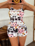 2pcs Women Cartoon Cat Print Pajama Set | Cute Strapless Design, All-Season Comfort, Perfect For Adults